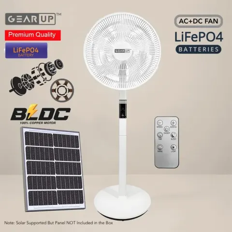 GearUP GP90 - 14 inch Premium Rechargeable LifePO4 + BLDC AC+ DC+ Solar Stand Fan (Without Solar Panel)